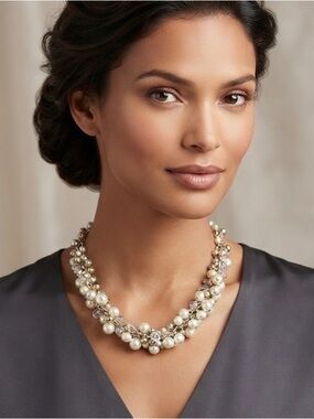 THE LIMITED Necklace Faux Pearl Crystal silver Tone Beads Clusters